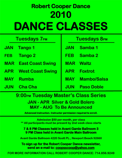 Robert Cooper's Tuesday Night January-June 2010 Dance Classes at Avant Garde Ballroom